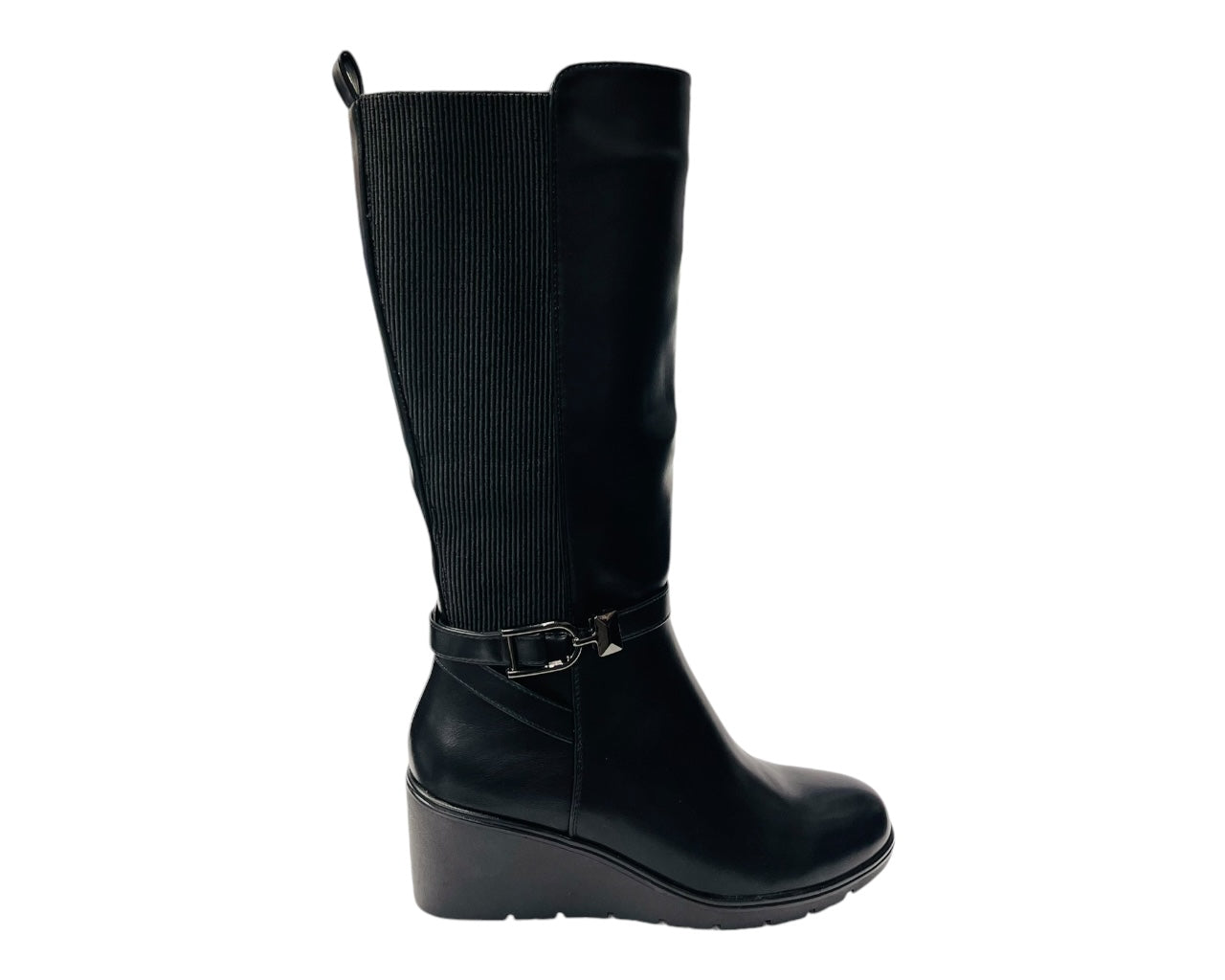 Faux Leather Calf High Stretch Wedge Heel Boots