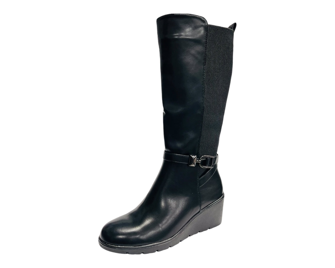 Faux Leather Calf High Stretch Wedge Heel Boots