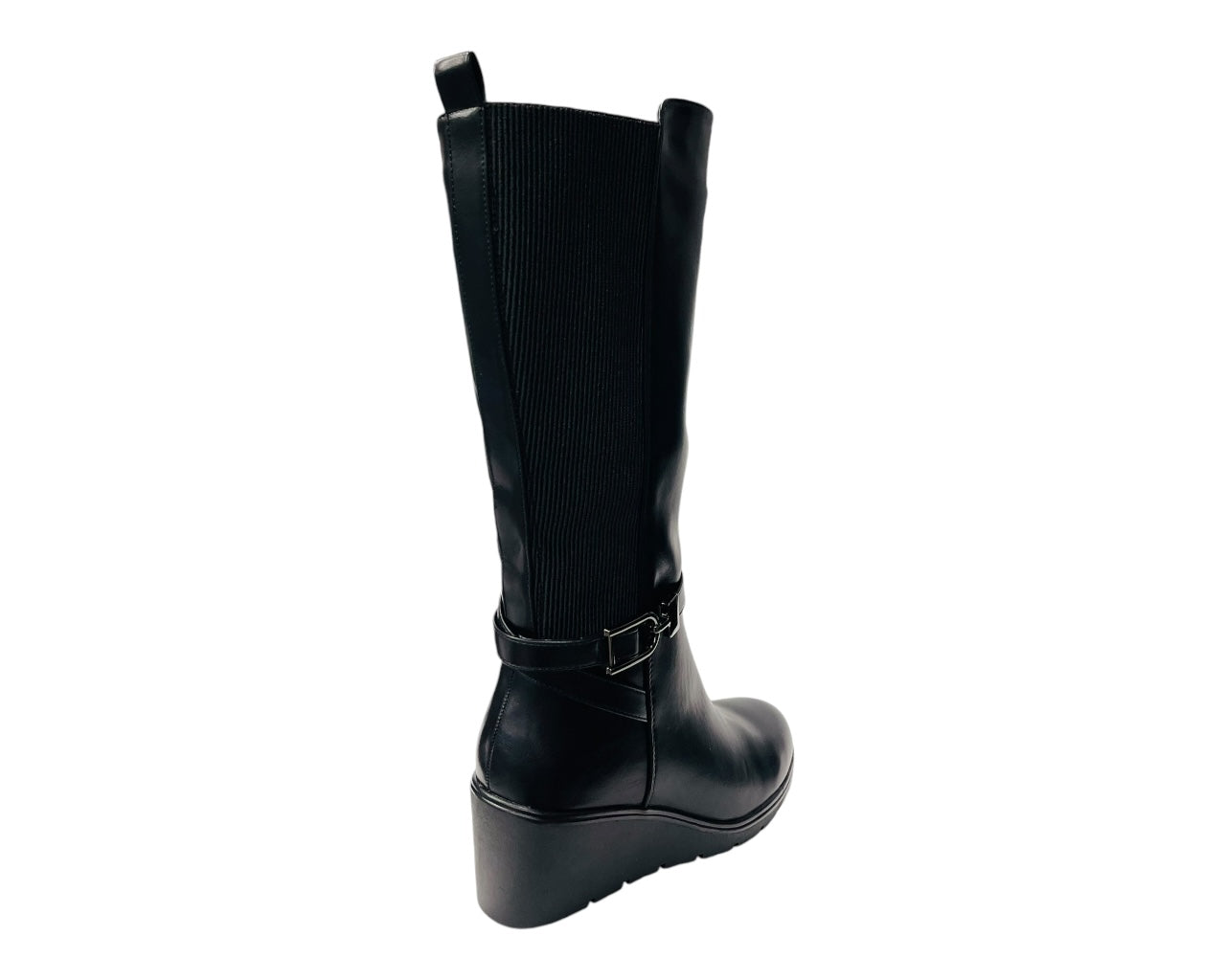 Faux Leather Calf High Stretch Wedge Heel Boots