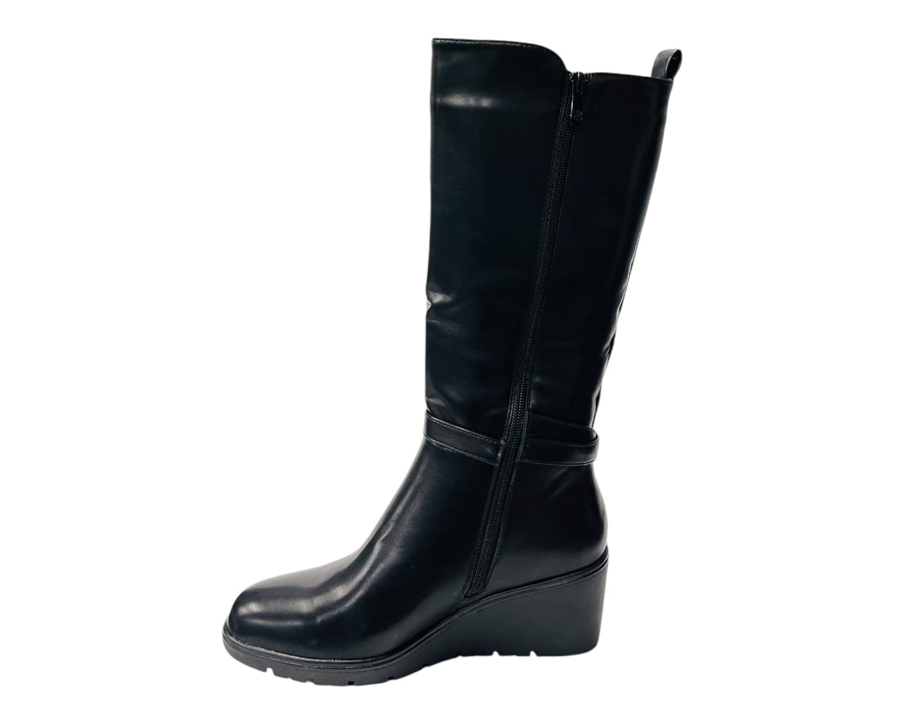 Faux Leather Calf High Stretch Wedge Heel Boots