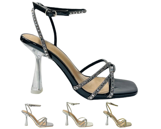 Rhinestone Crossover Strappy Spool Heel Shoes