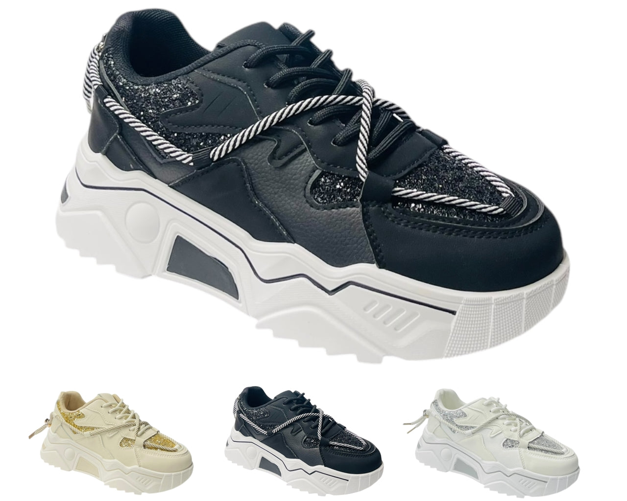 Chunky Sole Glitter Lace Up Trainers