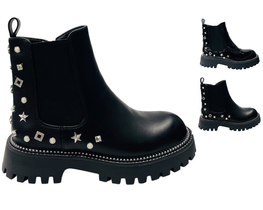 Rhinestone Studded Elastic Zip Ankle Boots