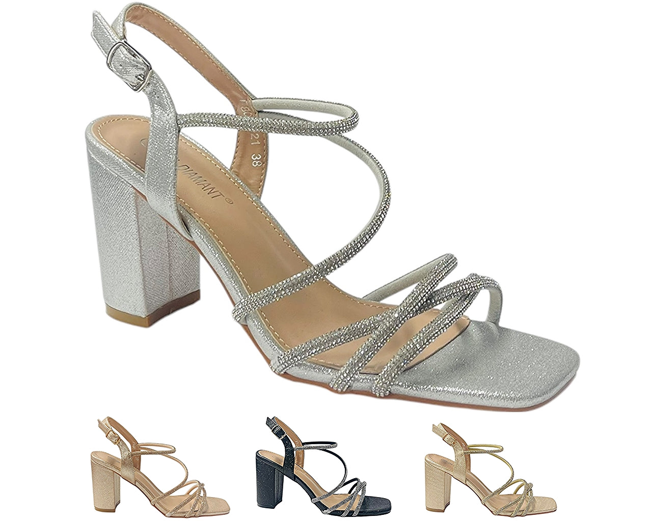 Diamante Glitter Ankle Strap Block Heel Shoes