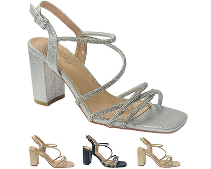 Diamante Glitter Ankle Strap Block Heel Shoes