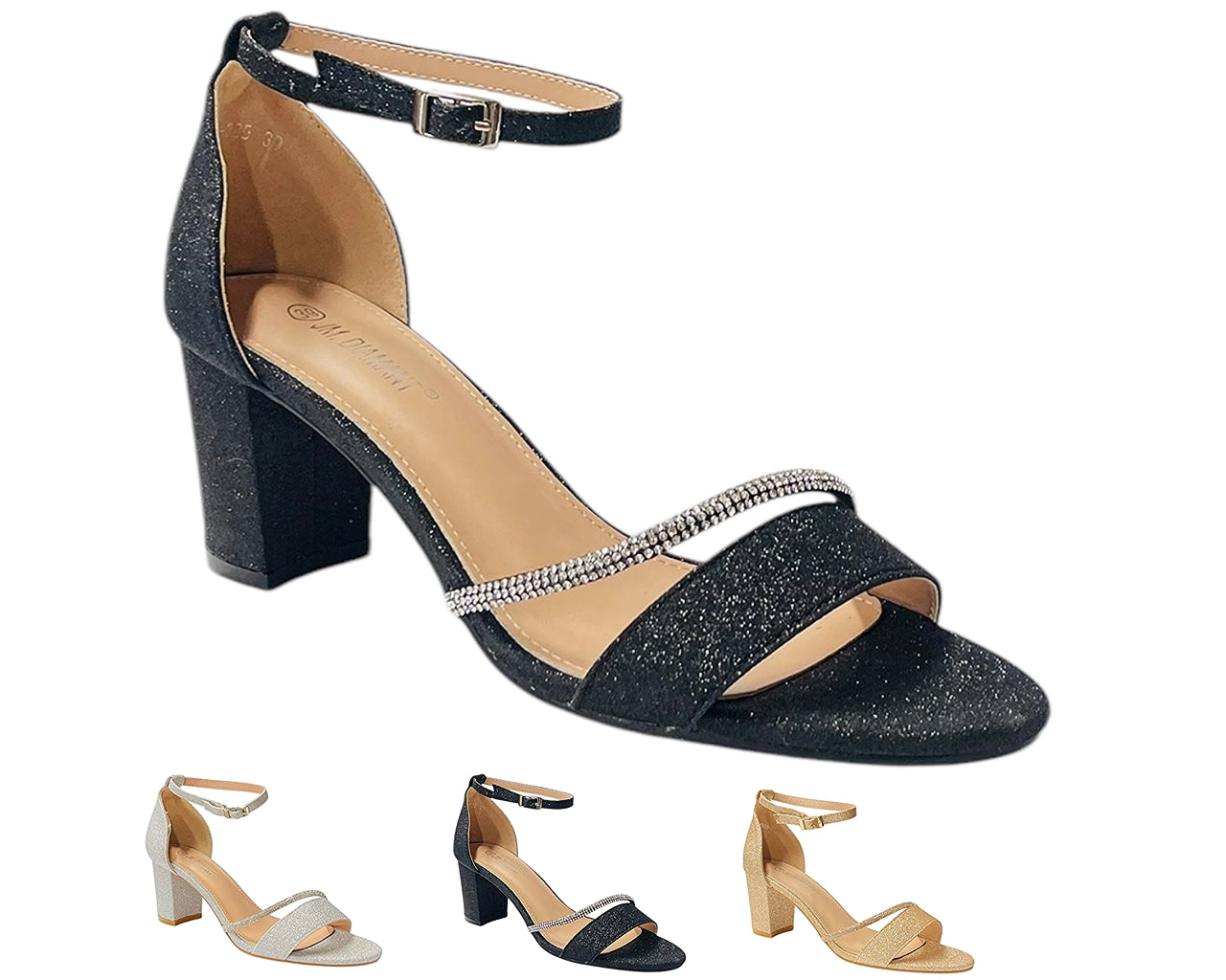 Glitter Ankle Strap Block Heel Diamante Shoes