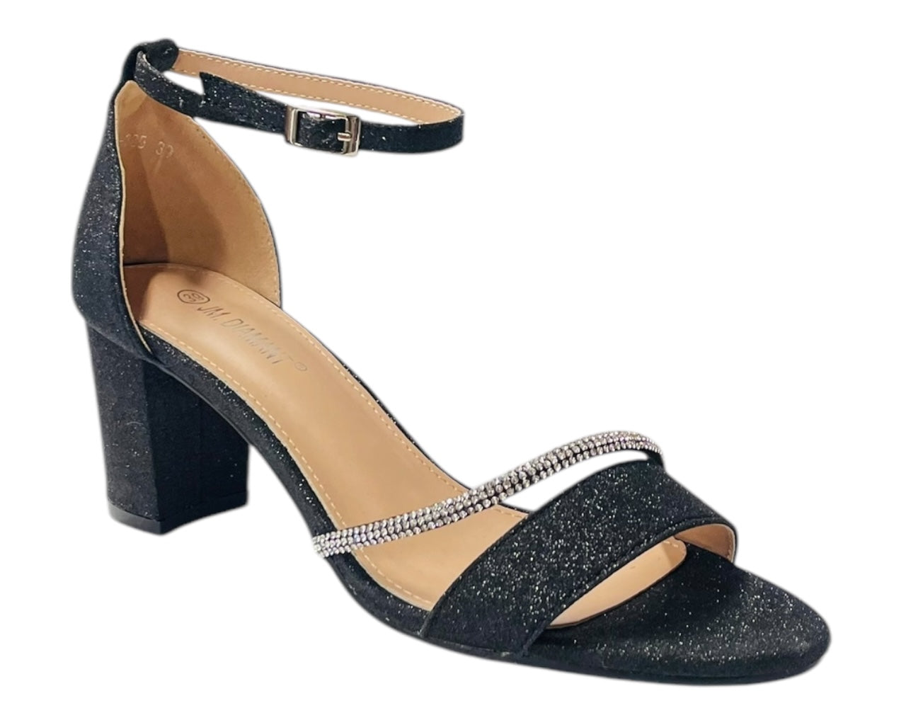 Glitter Ankle Strap Block Heel Diamante Shoes