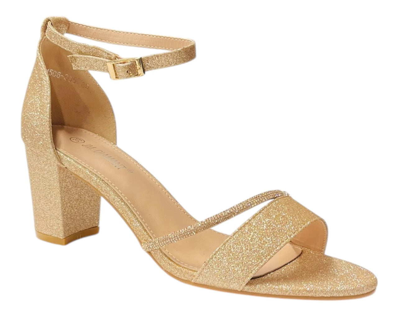 Glitter Ankle Strap Block Heel Diamante Shoes