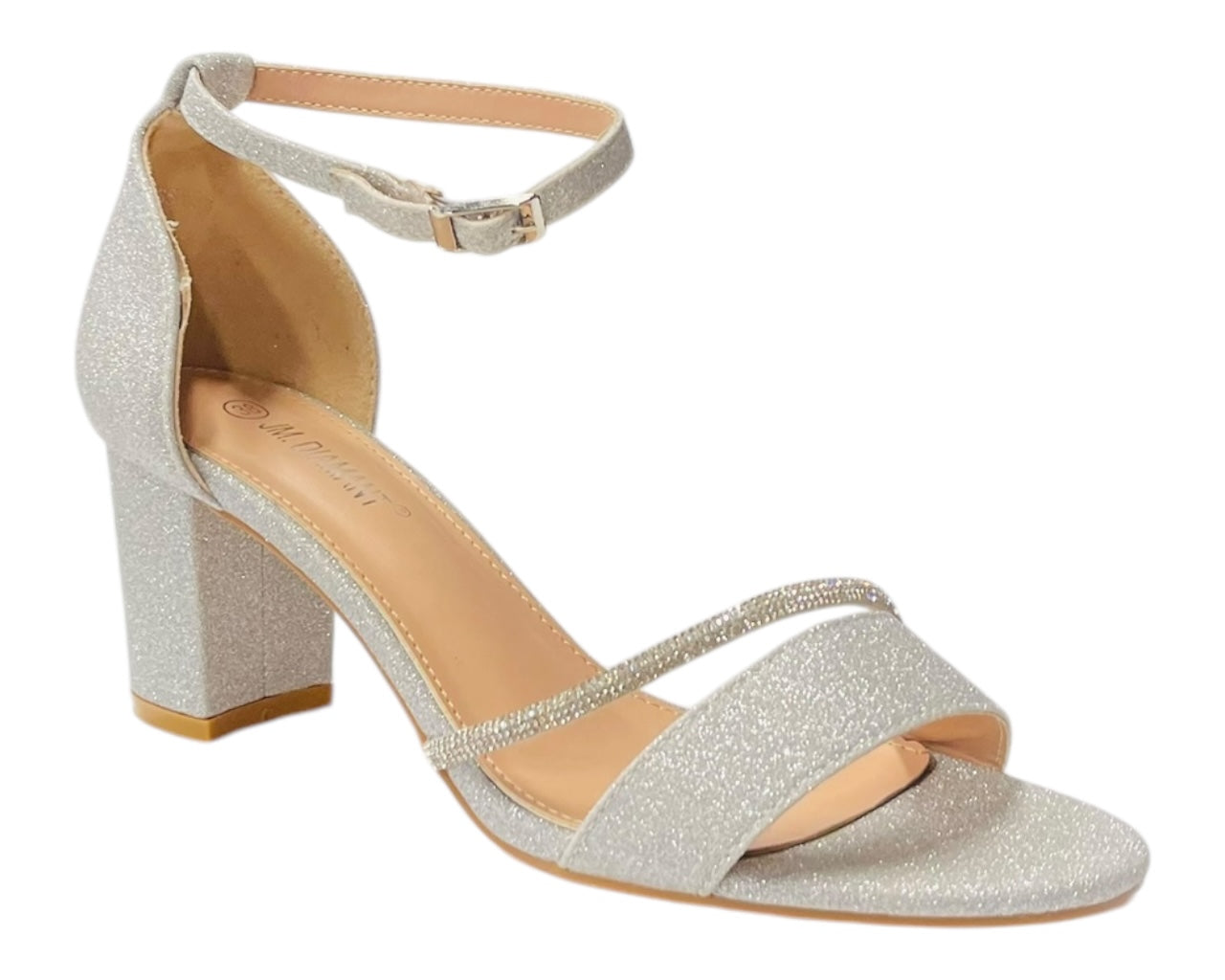 Glitter Ankle Strap Block Heel Diamante Shoes
