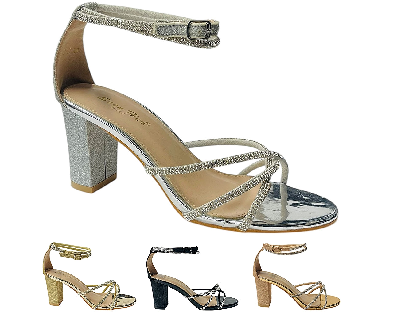 Crossover Block Heel Diamante Strappy Shoes