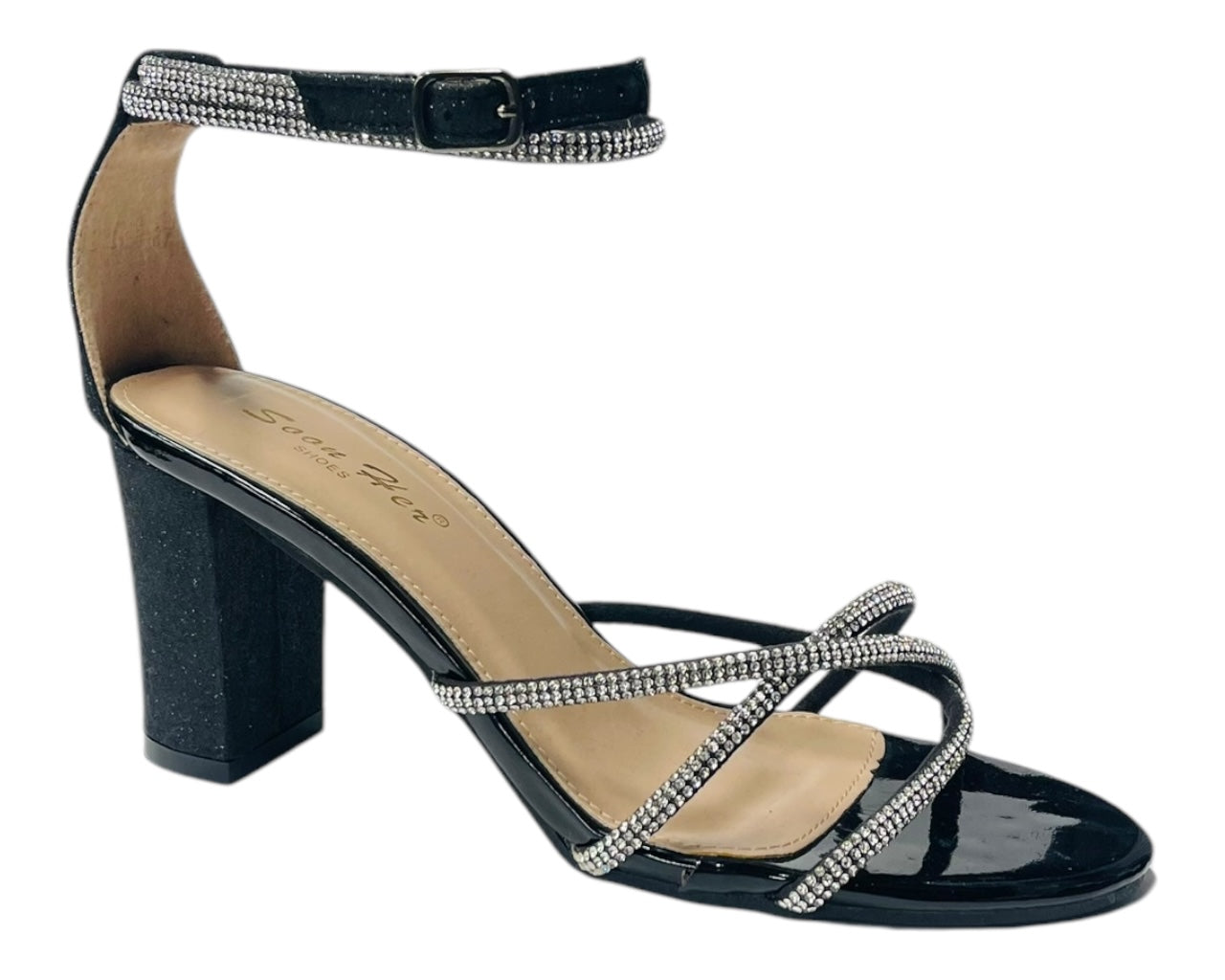 Crossover Block Heel Diamante Strappy Shoes