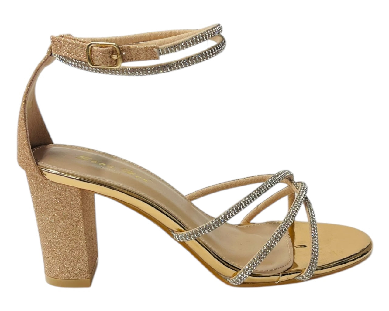Crossover Block Heel Diamante Strappy Shoes