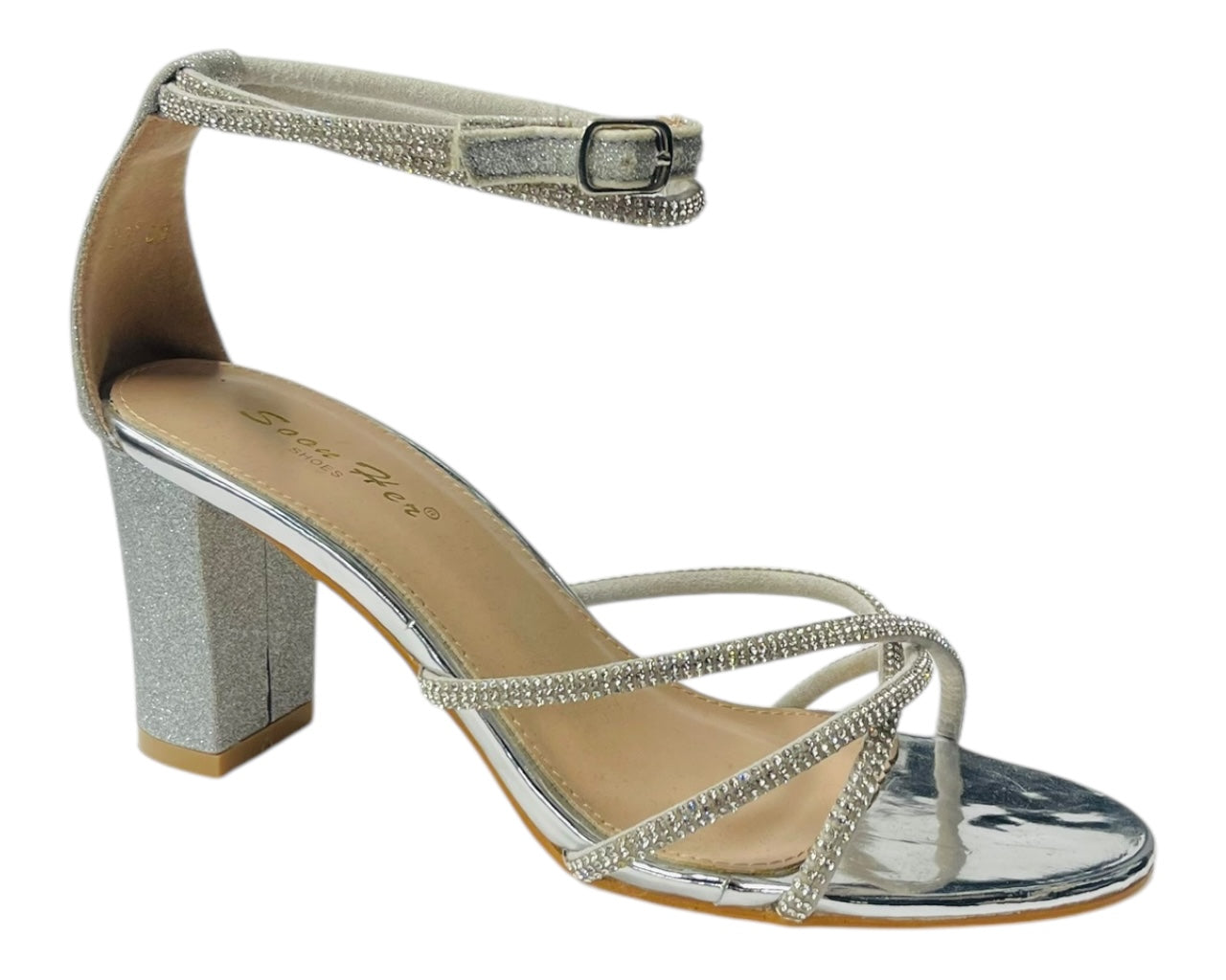 Crossover Block Heel Diamante Strappy Shoes