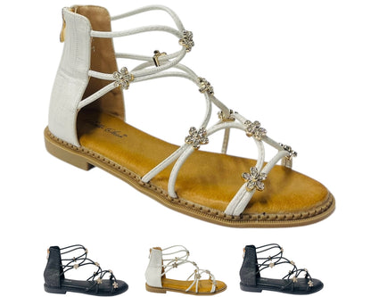 Strass Flowers Flat Zip Sandals