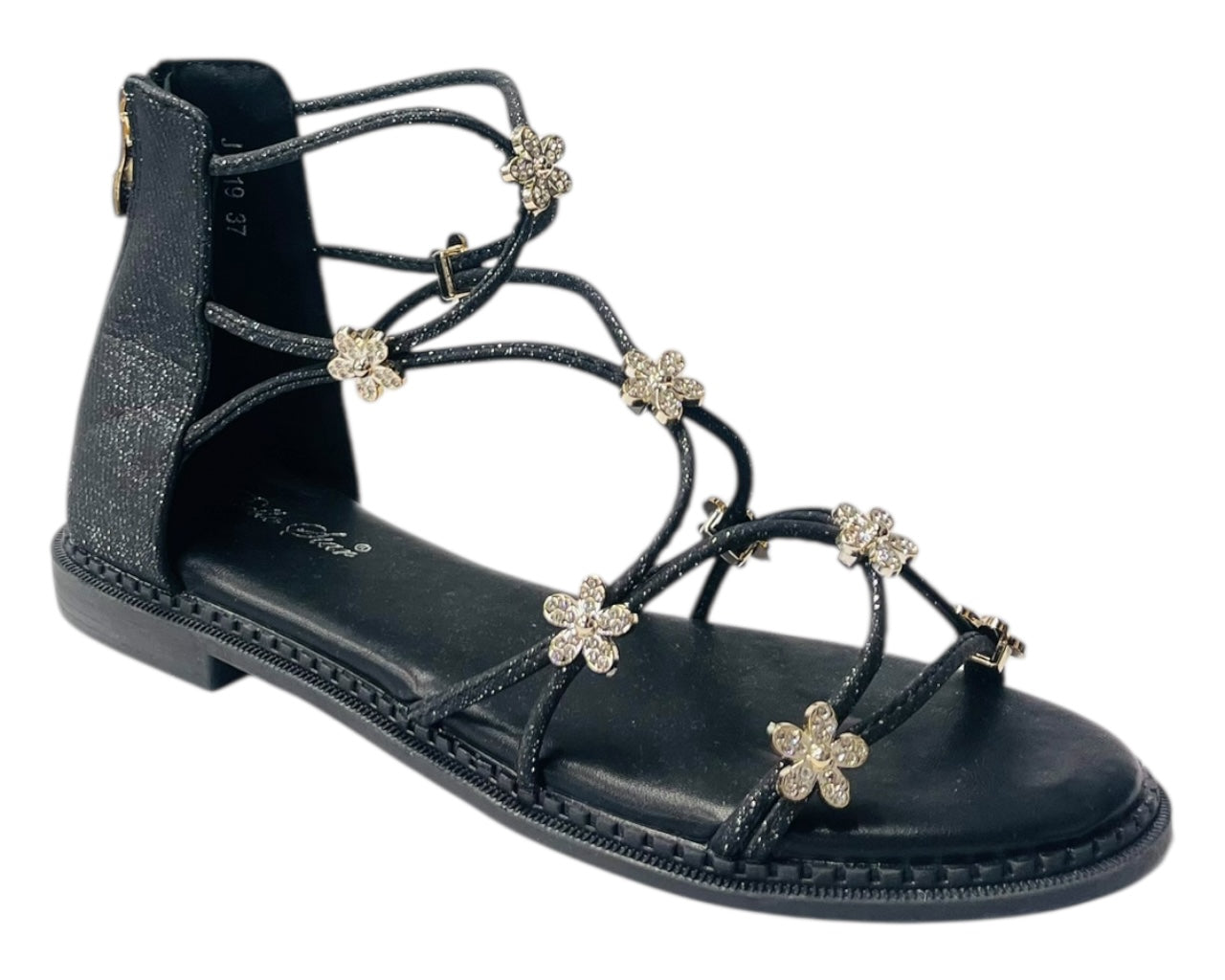 Strass Flowers Flat Zip Sandals