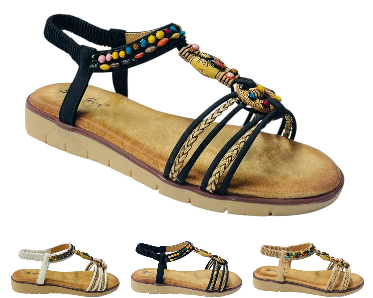 Elastic Ankle Strap Beaded Sandals