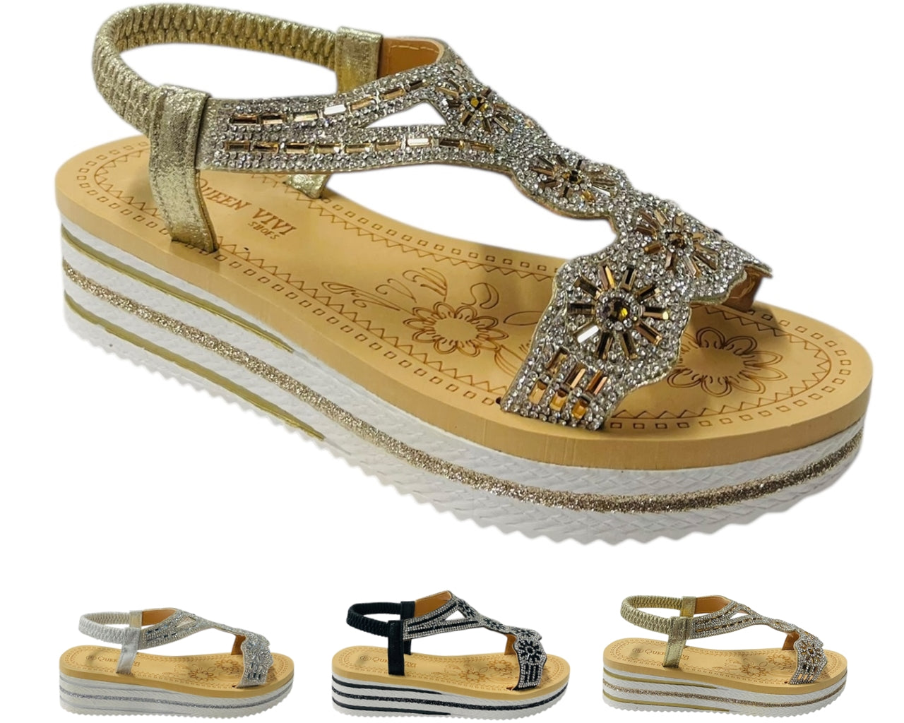 Diamante Elastic Ankle Strap Wedge Sandals