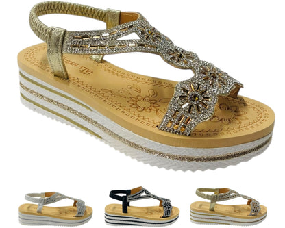 Diamante Elastic Ankle Strap Wedge Sandals
