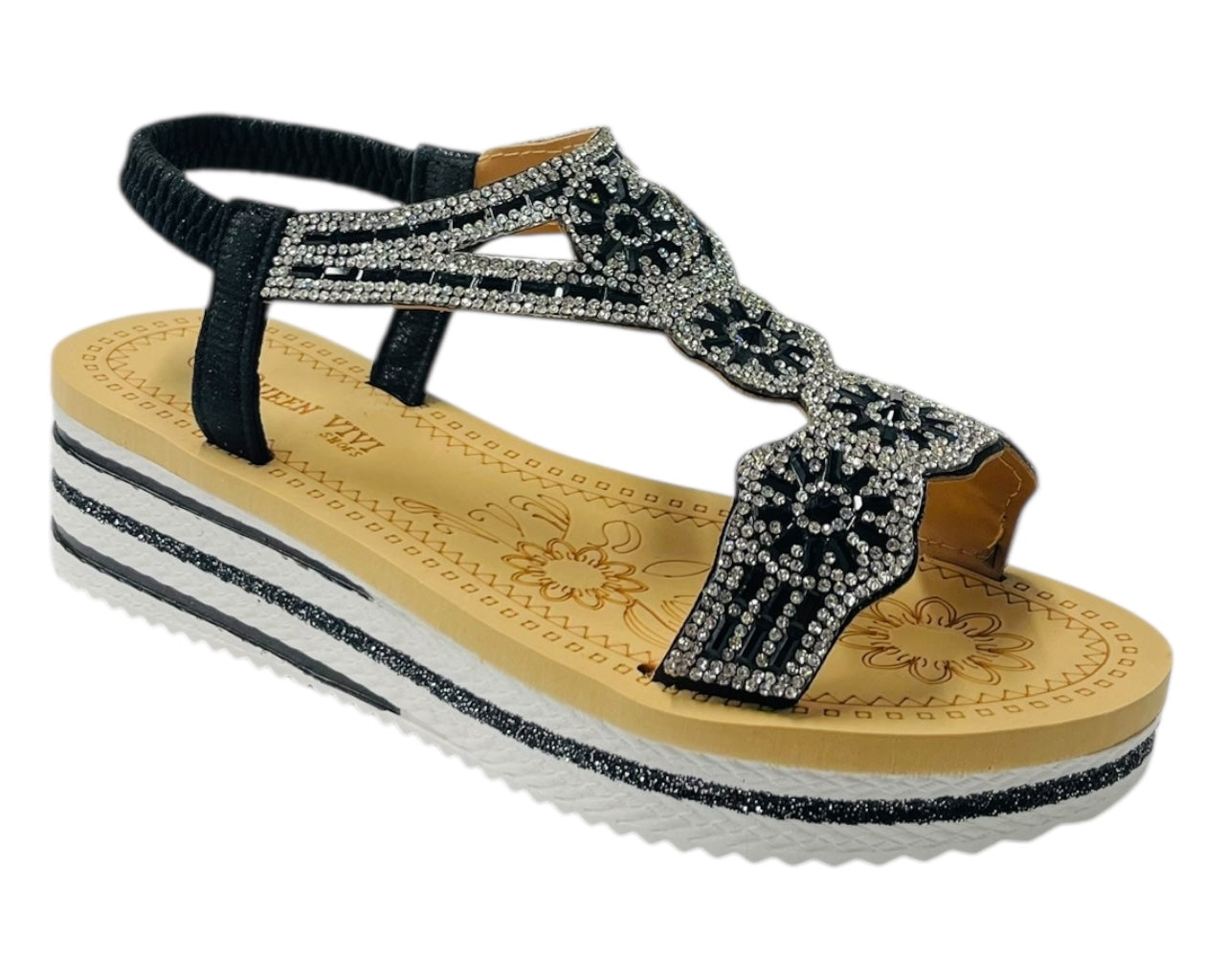 Diamante Elastic Ankle Strap Wedge Sandals