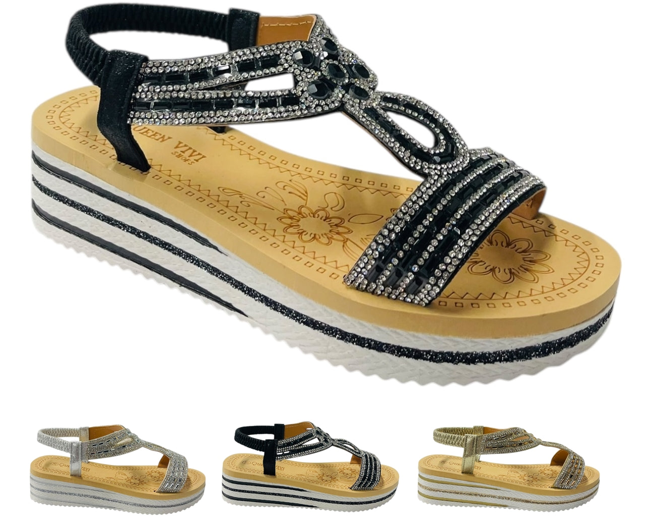 Elastic Ankle Strap Diamante Wedge Sandals