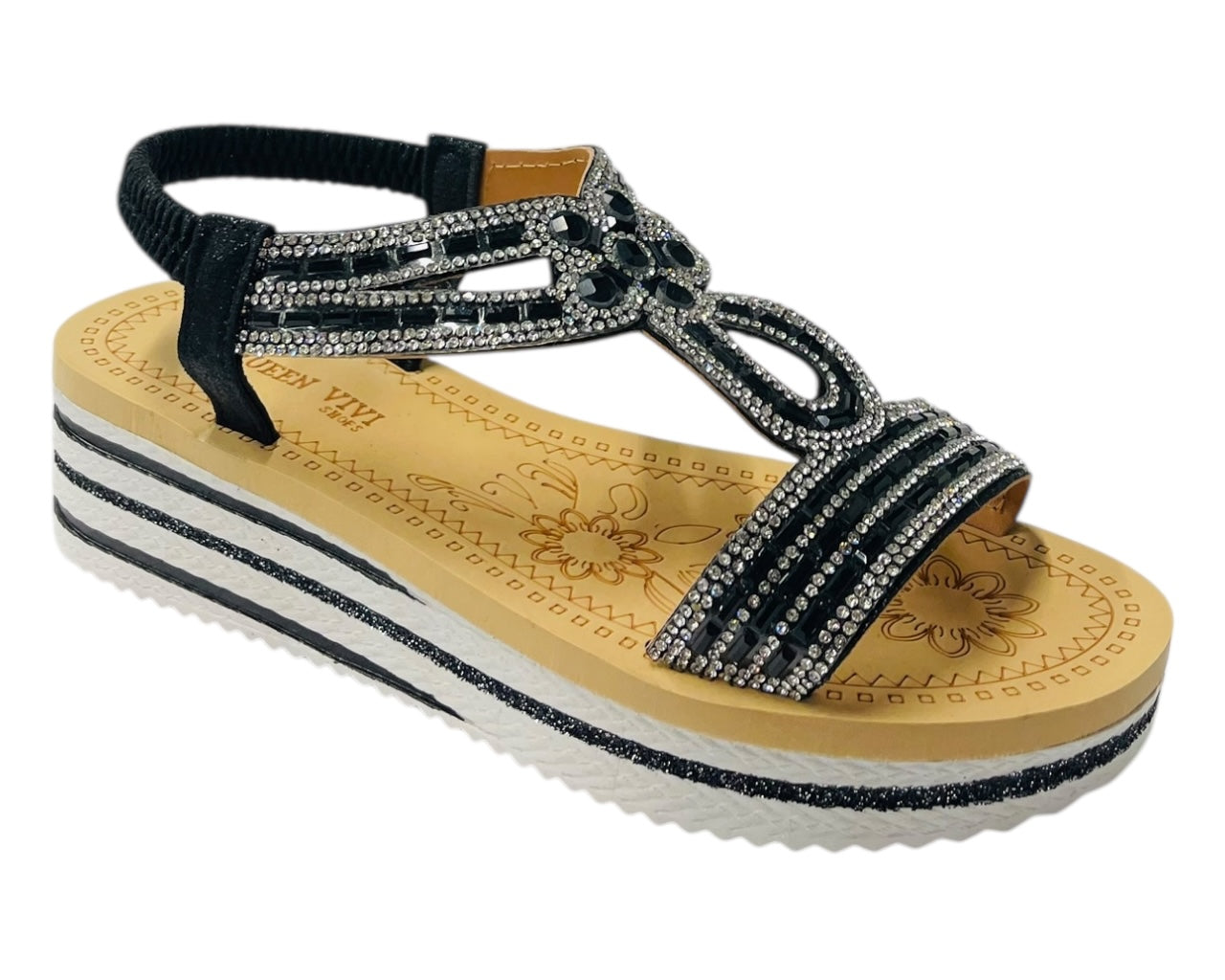 Elastic Ankle Strap Diamante Wedge Sandals