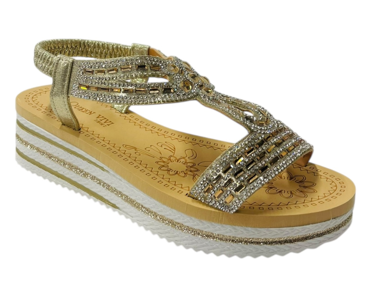 Elastic Ankle Strap Diamante Wedge Sandals