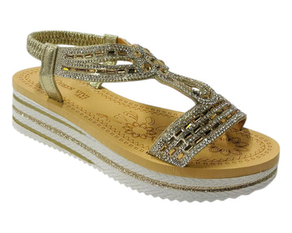 Elastic Ankle Strap Diamante Wedge Sandals