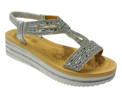 Elastic Ankle Strap Diamante Wedge Sandals