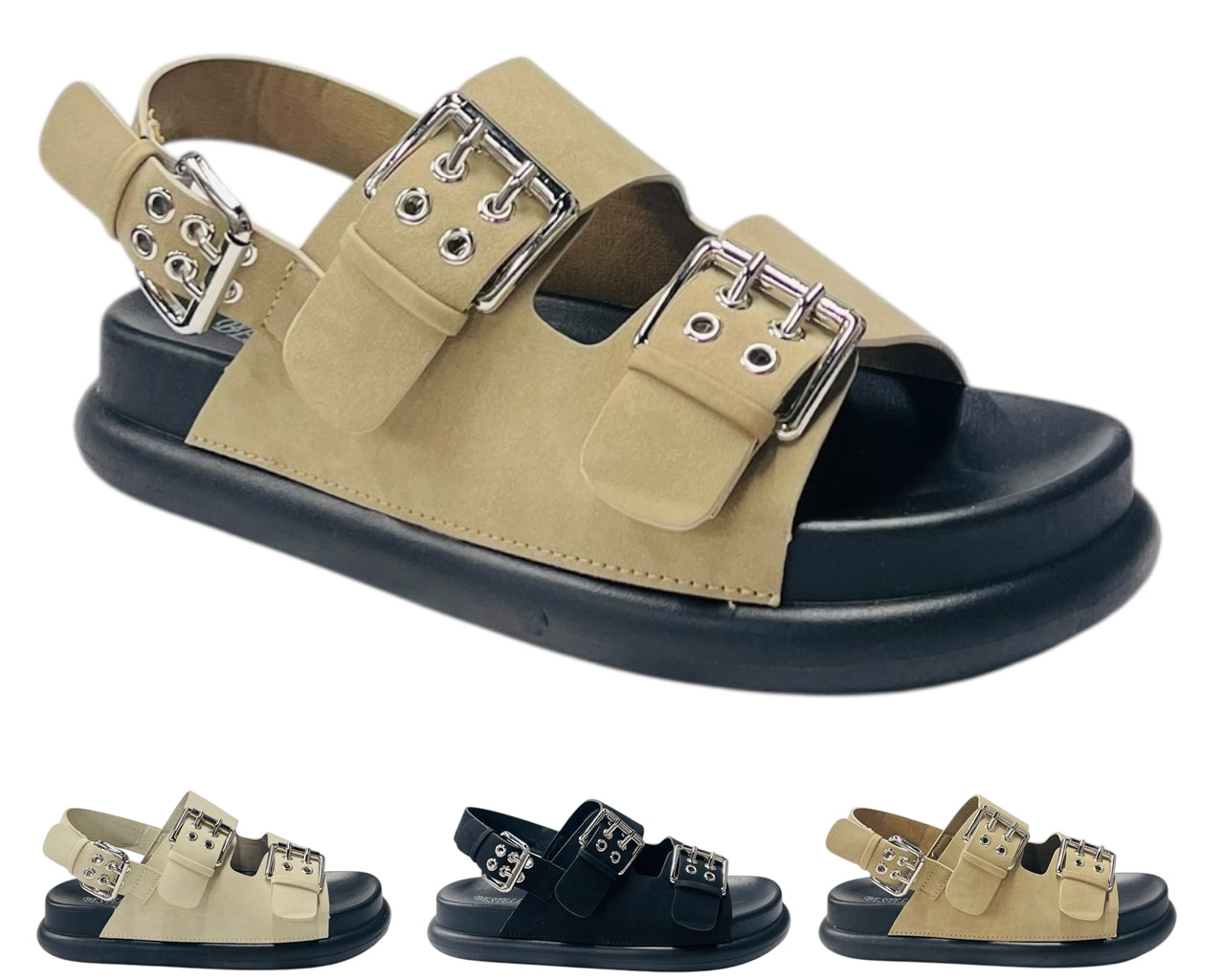 Double Buckle Strap Eyelet Detail Sandals