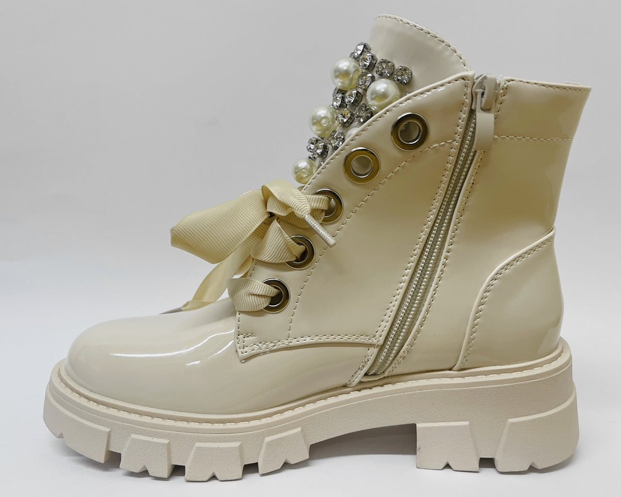 Faux Patent Leather Thick Lace Pearls Ankle Boots
