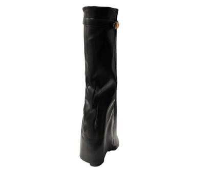 Faux Leather Knee High Fold Over Block Heel Boots