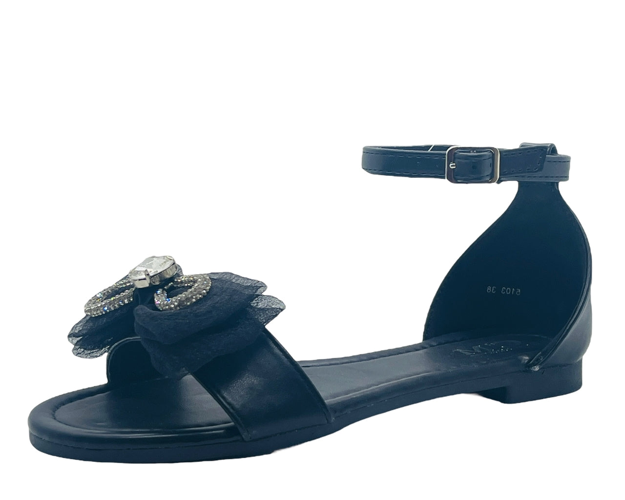 Ankle Strap Flat Rhinestone Mesh Bow Sandals