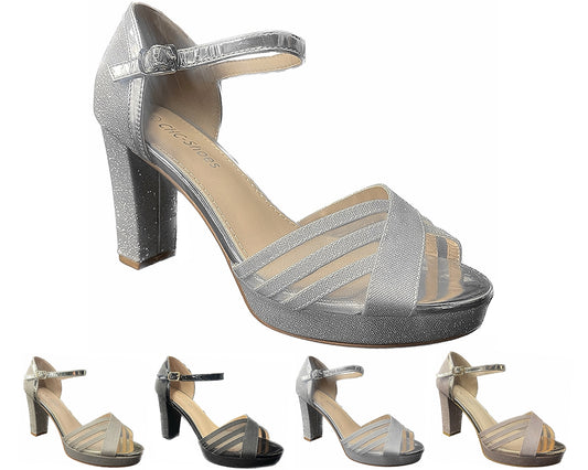 Glitter Ankle Strap Block Heels Shoes