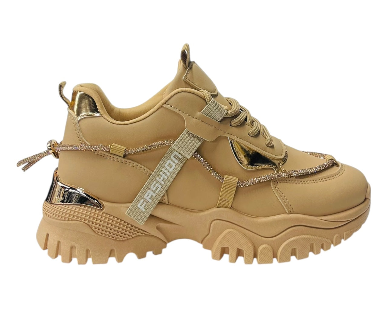 Chunky Sole Diamante Lace Up Faux Leather Trainers