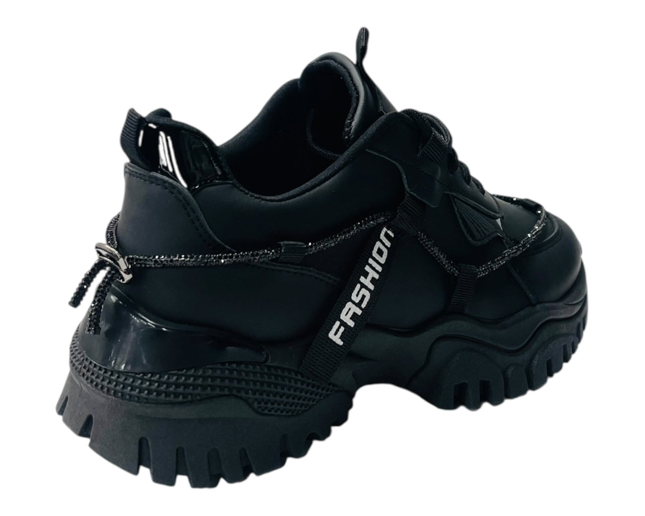 Chunky Sole Diamante Lace Up Faux Leather Trainers