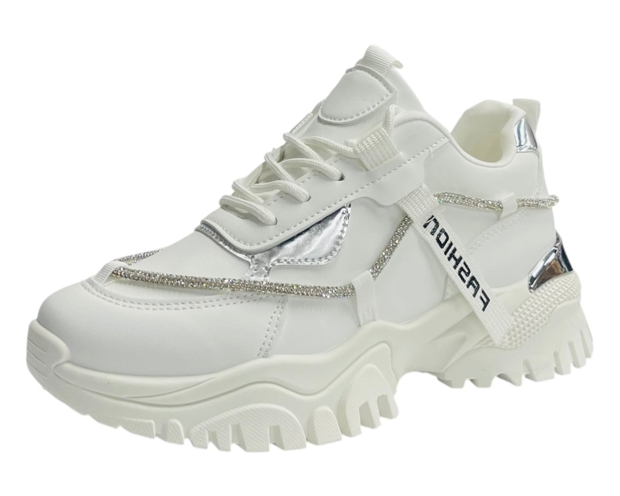 Chunky Sole Diamante Lace Up Faux Leather Trainers