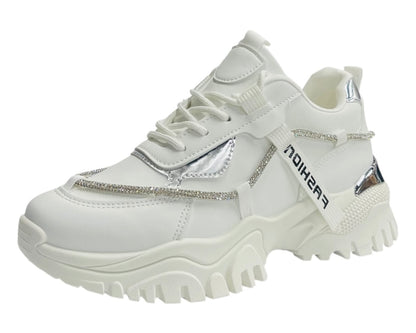 Chunky Sole Diamante Lace Up Faux Leather Trainers