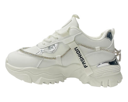 Chunky Sole Diamante Lace Up Faux Leather Trainers