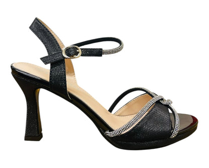 Glitter Diamante Ankle Strap Spool Heel Shoes