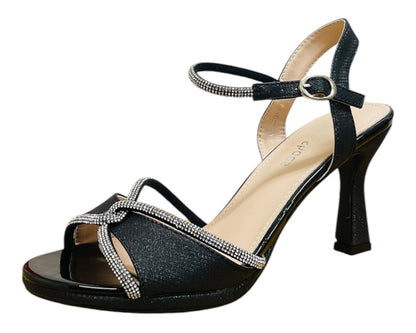 Glitter Diamante Ankle Strap Spool Heel Shoes