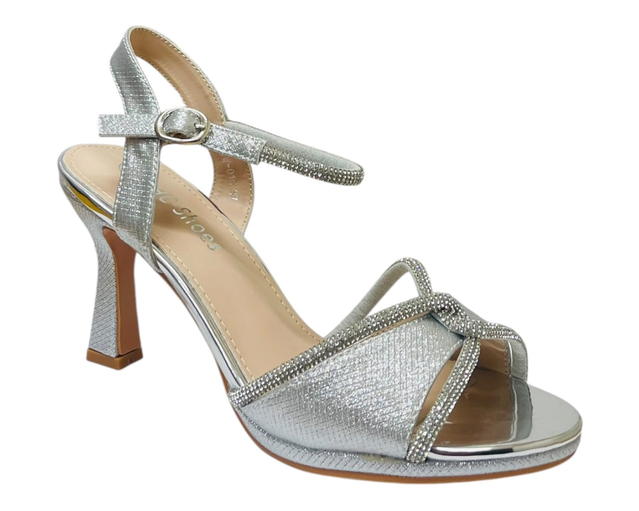 Glitter Diamante Ankle Strap Spool Heel Shoes