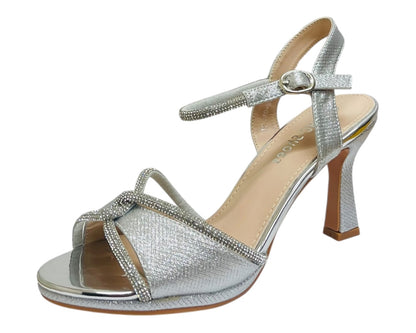 Glitter Diamante Ankle Strap Spool Heel Shoes