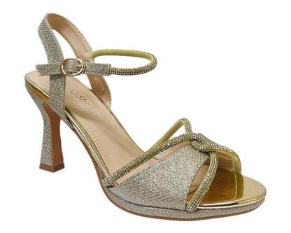 Glitter Diamante Ankle Strap Spool Heel Shoes