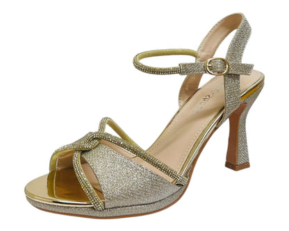 Glitter Diamante Ankle Strap Spool Heel Shoes