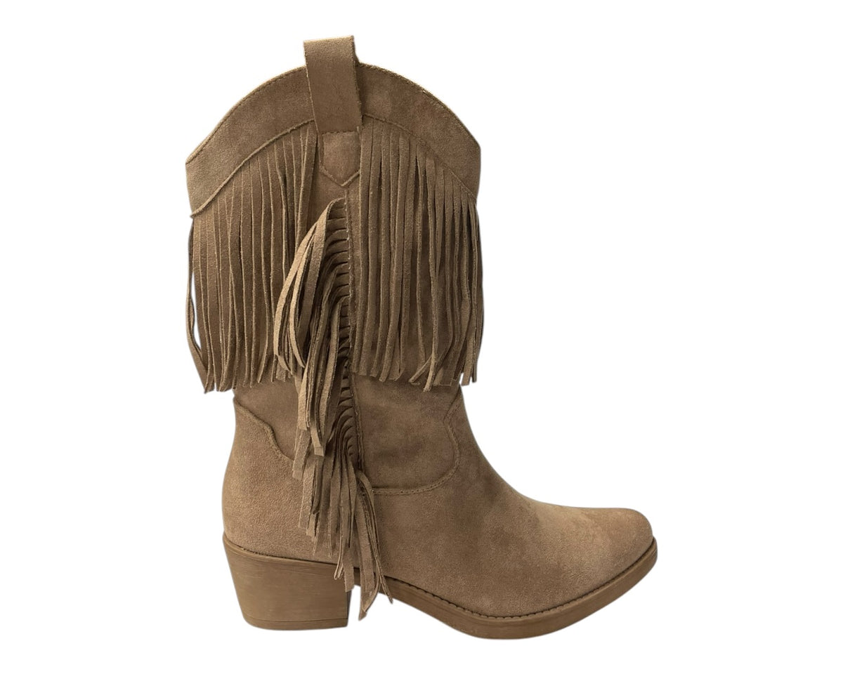 Mid Calf Fringe Faux Suede Cowboy Boots