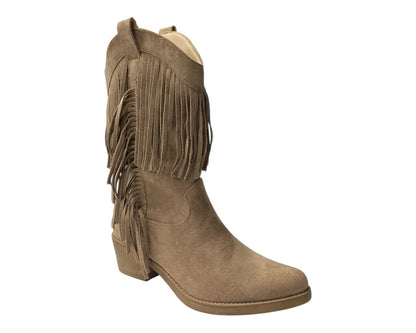 Mid Calf Fringe Faux Suede Cowboy Boots