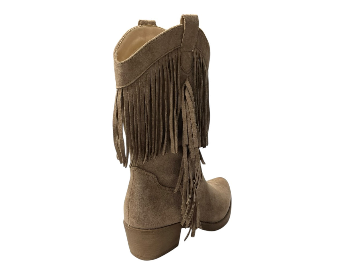 Mid Calf Fringe Faux Suede Cowboy Boots