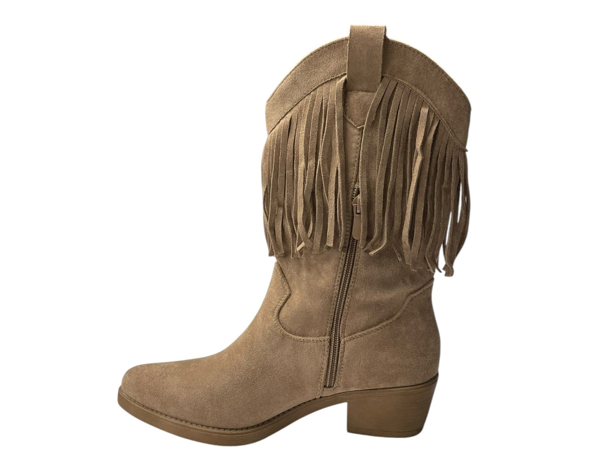 Mid Calf Fringe Faux Suede Cowboy Boots