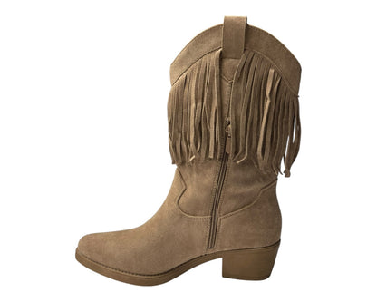 Mid Calf Fringe Faux Suede Cowboy Boots