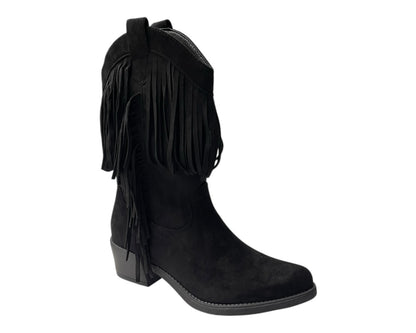 Mid Calf Fringe Faux Suede Cowboy Boots